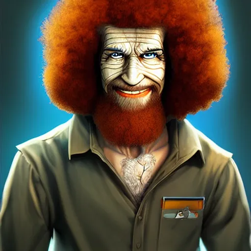 Image similar to cyborg bob ross by vitorugo, by mateus 9 5, realistic background, highly detailed, concept art, smooth, sharp focus, illustration of