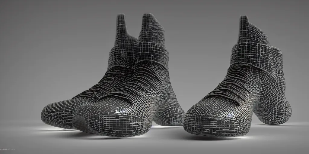 Image similar to one futuristic high - top sneaker with neon illuminated soles on a grey surface, clean 3 d render, beautiful studio lighting, soft, sharp focus, cyberpunk, intricate detail, gold filigree, art by iris van herpen and syd mead and rodin