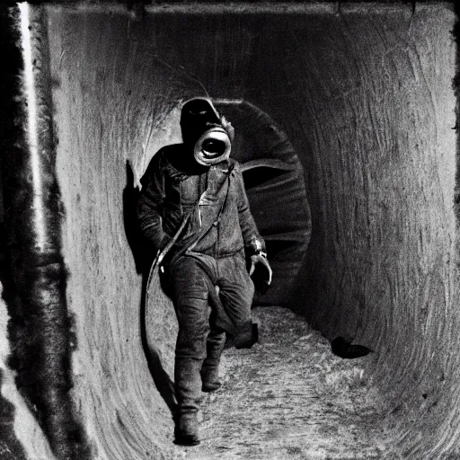 Prompt: a man wearing heavy equipment and a gasmask wandering through a tunnel made of flesh and eyes, surreal, film still