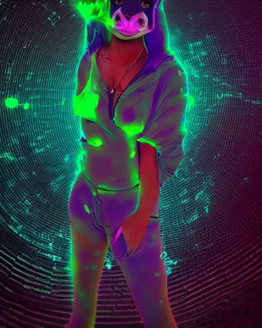 Image similar to a glitch art full body character portrait of female furry psychic a. i. manifesting it self into reality trending on artstation deviantart pinterest detailed realistic hd 8 k high resolution