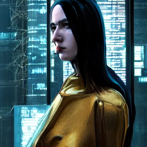 Image similar to a portrait of a sad cyberpunk long black hair women standing in a gothic catedral, soft lighting, golden hour, ahestetic, very detailed, super detailed, extremely beautiful,