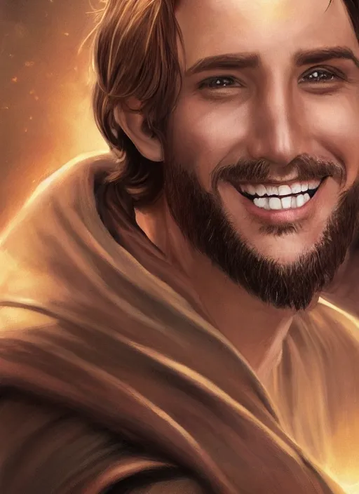 Prompt: a brown haired young man with stubble, short hair, wearing brown jedi robes, smiling, close up, portrait style, star wars atmosphere, photographic print, artgerm, hyper - realistic