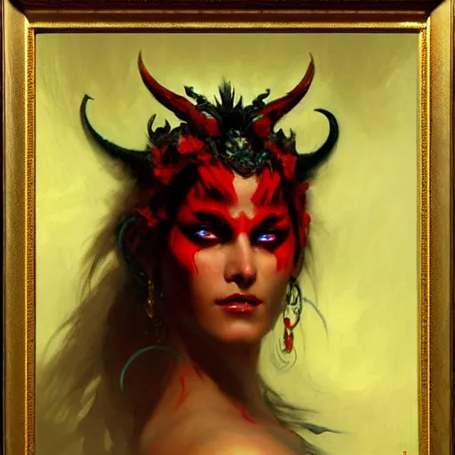 Prompt: attractive demon queen with red eyes, painting by gaston bussiere, craig mullins