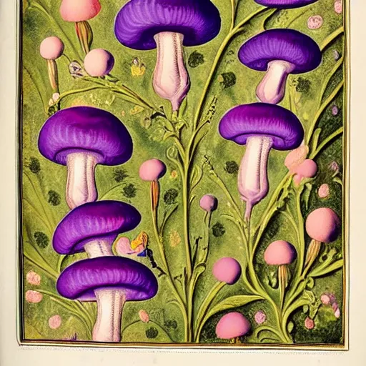 Image similar to illuminated manuscript of purple mushrooms with gold leaf in the style of Maria Sibylla Merian, extremely detailed, 8k