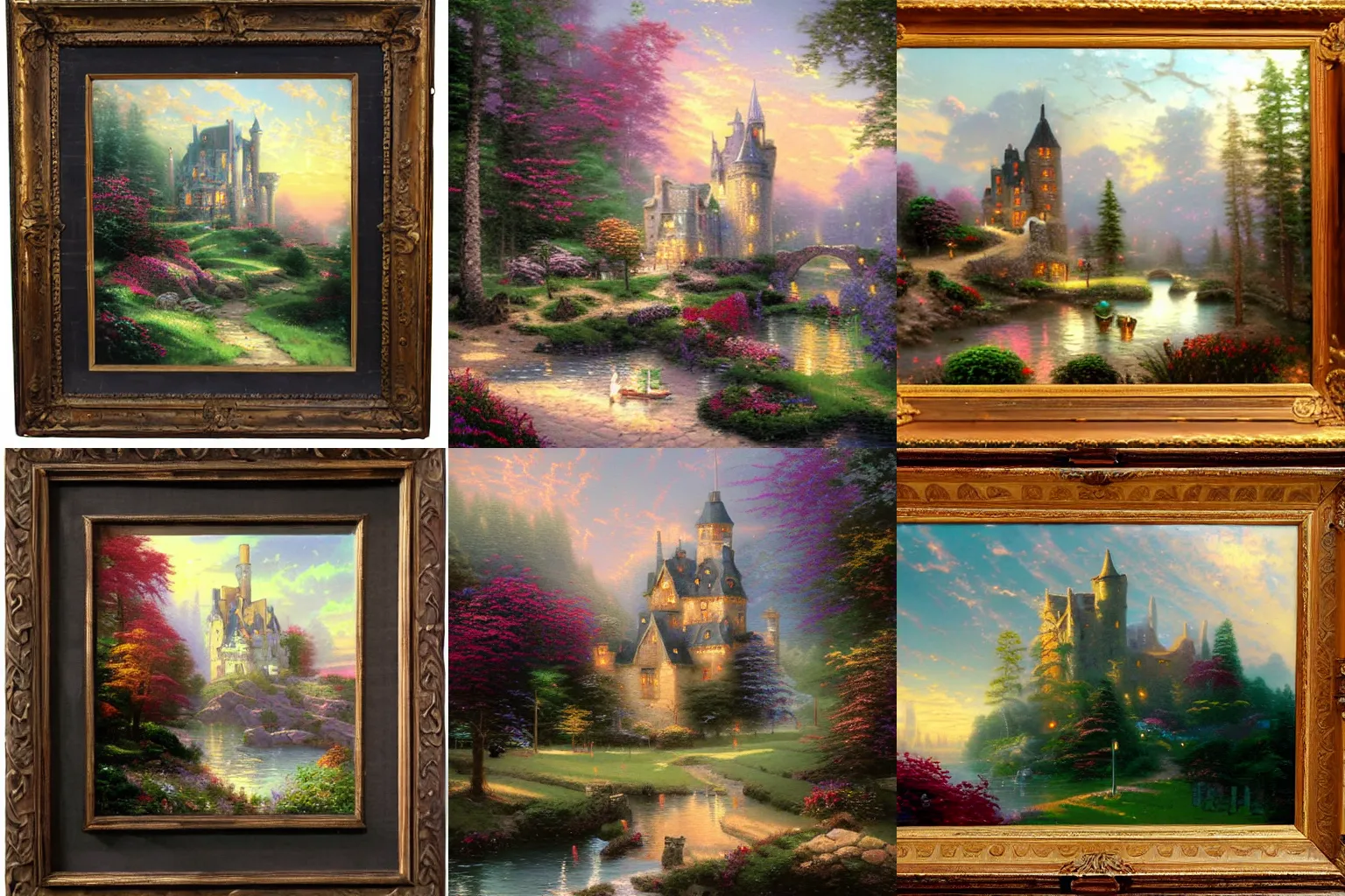 Prompt: thomas kinkade painting of old crumbling castle