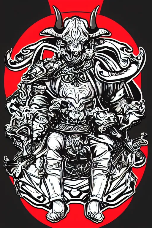 Image similar to A portrait of a bull as evil warlord general on skull throne, sticker, Anthropomorphized, portrait, highly detailed, colorful, illustration, smooth and clean vector curves, no jagged lines, vector art, smooth