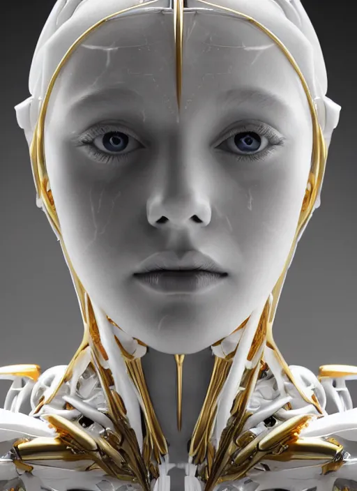 Image similar to a statue made of white marble with gold veins, of an beautiful gorgeous futuristic cybernetic angel girl, prostheses, transhumanism, full body shot, perfect symmetrical body, perfect symmetrical face, hyper realistic, hyper detailed, by johannen voss, by peter kemp, by monia merlo, by michelangelo, octane render, blender, 8 k