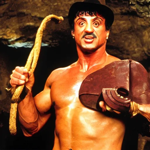 Image similar to sylvester stallone as indiana jones with a whip in his hand, holding a golden mayan skull, in a cave full of traps