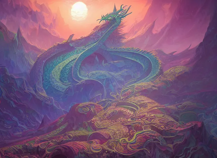 Prompt: psychedelic concept art of a dragon landscape made of thousands of spiraling dragons, cel shaded, in the style of makoto shinkai and moebius and peter mohrbacher and anton fadeev