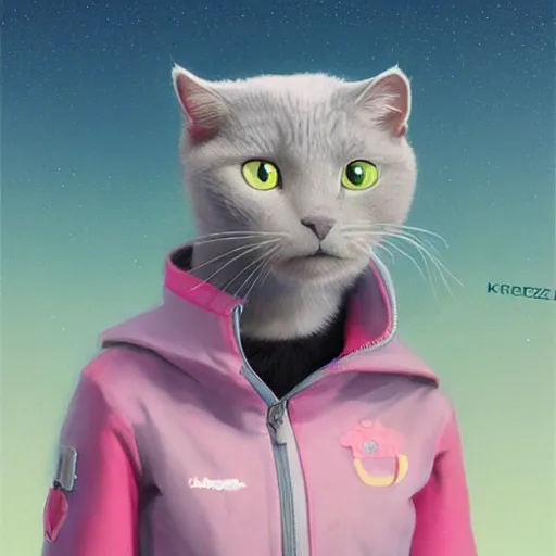 Prompt: head and shoulders masterpiece portrait of a cute adorable gray cat wearing a pink spacesuit, surreal background, digital art by krenz cushart, trending on artstation, cgsociety,