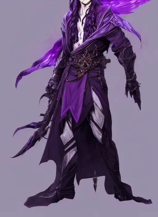 Image similar to Full body portrait of a handsome elven aristocrat with long black hair wearing purple mage robe. In style of Yoji Shinkawa and Hyung-tae Kim, trending on ArtStation, dark fantasy, great composition, concept art, highly detailed, dynamic pose.