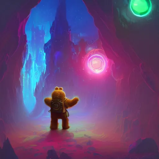 Prompt: a beautiful colorful interesting detailed sci-fi storybook fantasy scene of a teddy bear wearing a backpack going through a swirling mystical time portal to Wonderland, magic the gathering, Marc Simonetti and Anato Finnstark, neon pastel color palette, vibrant 8k rendering, Pixar concept art, trending on artstation HQ