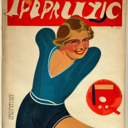 Image similar to a 1 9 2 8 cover of a french magazine. happy, healthy, beautiful, smiling, young, sporty, glowing woman in decent athletic wear. realistic detailed color drawing