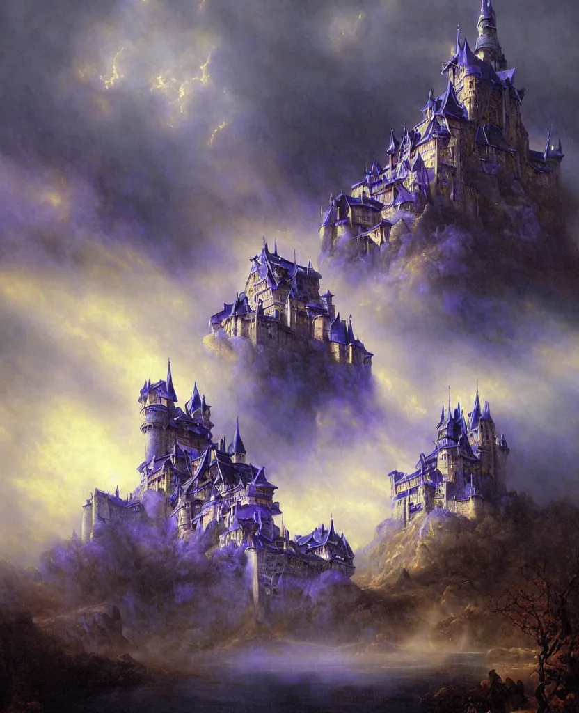Prompt: beautiful matte airbrush painting of a european medieval castle made of light, ispired b yoshitaka amano and gilbert williams, clear painting and good lighting, dark blue and intense purple color palette, mystical fog, art by gilbert williams, andreas achenbach, clement ascher, tom bagshaw and sabbas apterus, high quality