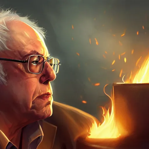 Image similar to portrait of bernie sanders burning money, league of legends amazing splashscreen artwork, splash art, natural light, elegant, photorealistic facial features, intricate, fantasy, detailed face, atmospheric lighting, anamorphic lens flare, cinematic lighting, league of legends splash art, hd wallpaper, ultra high details by greg rutkowski