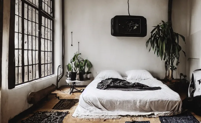 Image similar to saudi arabian bedroom interior, minimalism, punk, bed, neon, modernism, persian design, beige, black, wood, industrial, pipes, rust, little windows, plants, retro futurism, swedish design