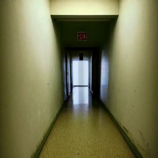 Image similar to decrepit hospital hallway, blurry shadow figure peeking through a corner, craigslist photo