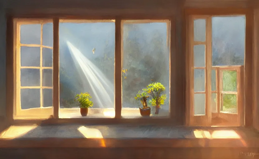 Image similar to rays of the morning sun shining through the window of the village house. very beautiful, clear sky, warm shiny colors, oil painting, high detail, trending on artstation