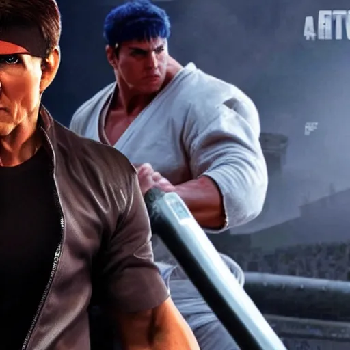 Prompt: Still of Tom Cruise as Ryu in Street Fighter, full body and ready to fight