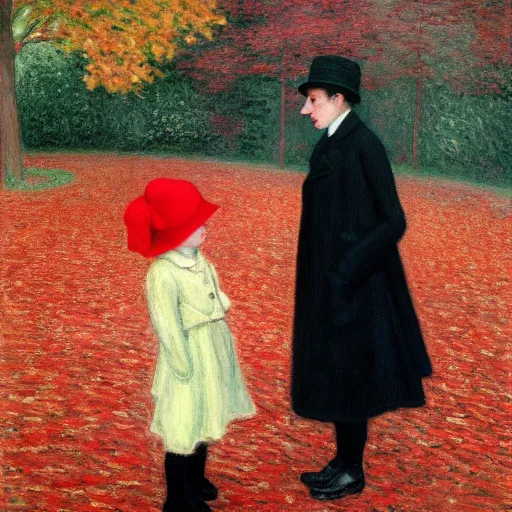 Image similar to a thin man in a black coat and bowler hat talks with small young girl who is dressed in a red coat and a red hat, park, autumn, 1923, wide angle, high detail, in style of Claude Monet, 8k, width 768