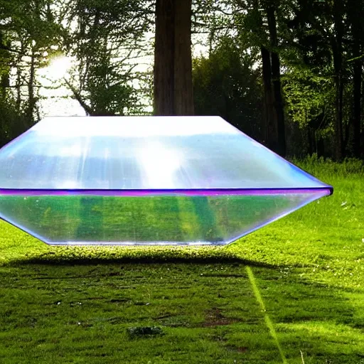 Image similar to a pastel coloured Polaroid photo of a sun lounger and shelter made of transparent iridescent perspex stood centrally in a field, beams of light, nostalgic