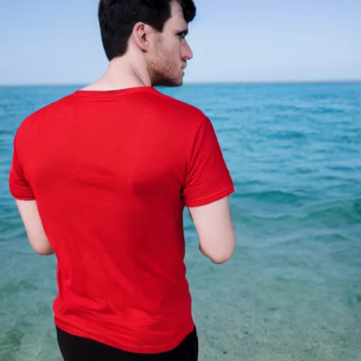 Image similar to guy with short dark hair on his side, dressed in a red t - shirt, standing still against the background of the sea digital art, 8 k, character, realism, portrait