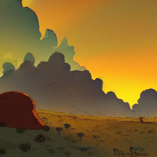 Image similar to sunset in the desert, fantasy art, illustration, animated film, by studio ghibli