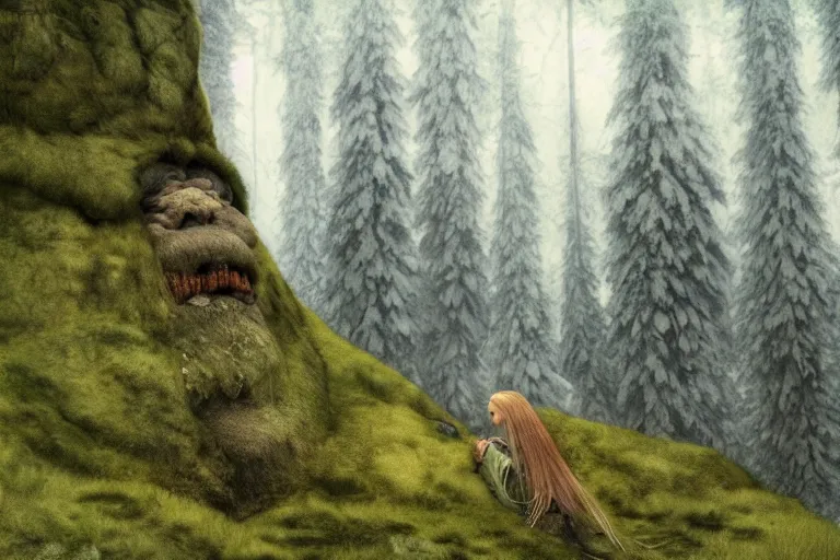 Image similar to huge mountain troll in a swedish forest, very low angle photograph, very detailed, trending on artstation, realistic, soft colors, illustration by john bauer