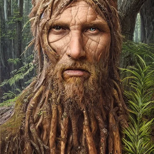 Prompt: A portait of an ancient druid made of bark, he live hidden in the vegetation of a forgotten forest, highly detailed painting, by Artgerm and Raphael Lacoste