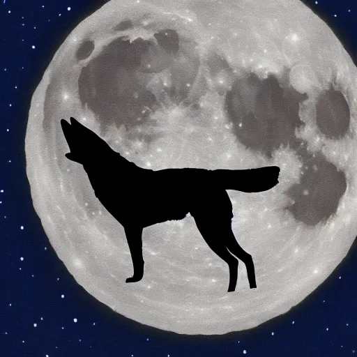 Prompt: Silhouette of a howling wolf upon a cliff, the full moon shines brightly behind it