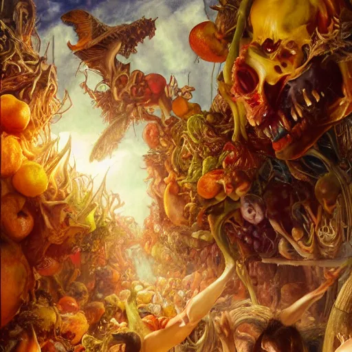 Image similar to photorealistic fruits basket in hell, detailed, centered, digital painting, artstation, concept art, donato giancola, joseph christian leyendecker, wlop, boris vallejo, breathtaking, 8 k resolution, extremely detailed, beautiful, establishing shot, artistic, hyperrealistic, beautiful face, octane render, cinematic lighting, dramatic lighting, masterpiece