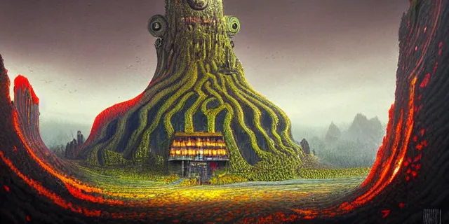 Image similar to painting lava dripping labyrinth with fauna covering futuristic mega city from blade in the style of florapunk by tomasz alen kopera and daniel lieske with futuristic castle by simon stahlenhag