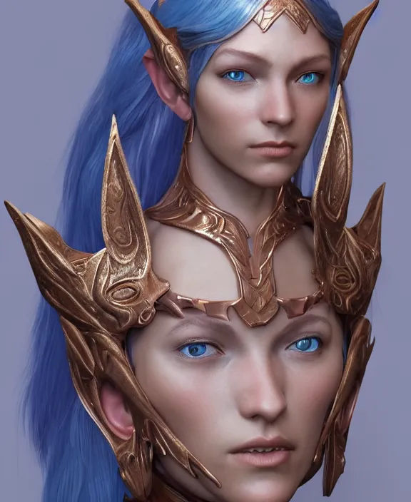 Image similar to a beautiful and highly detailed digital portrait of a dignified female elven paladin with blue hair in rose gold armor by clint cearley and karol bak, centered, artsation contest winner, cgsociety, fantasy art, cryengine, concept art, photorealism, daz 3 d, sketchfab, zbrush, vray