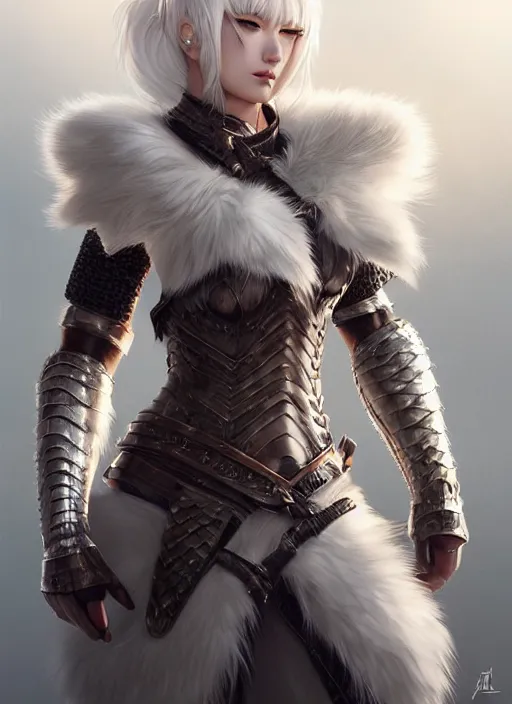 Image similar to warrior, fur - lined leather armor!!! beautiful and elegant white hair female!! gorgeous ayes!! character concept art, sharp focus, octane render! unreal engine 5! highly rendered!! trending on artstation!! detailed linework!! illustration by artgerm, wlop, and chie yoshii