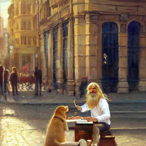 Image similar to oil painting of a young man with long hair blond and a beard hippie style with his golden retrever dog playing piano in the square for money, people watching around, by greg rutkowski, artstation