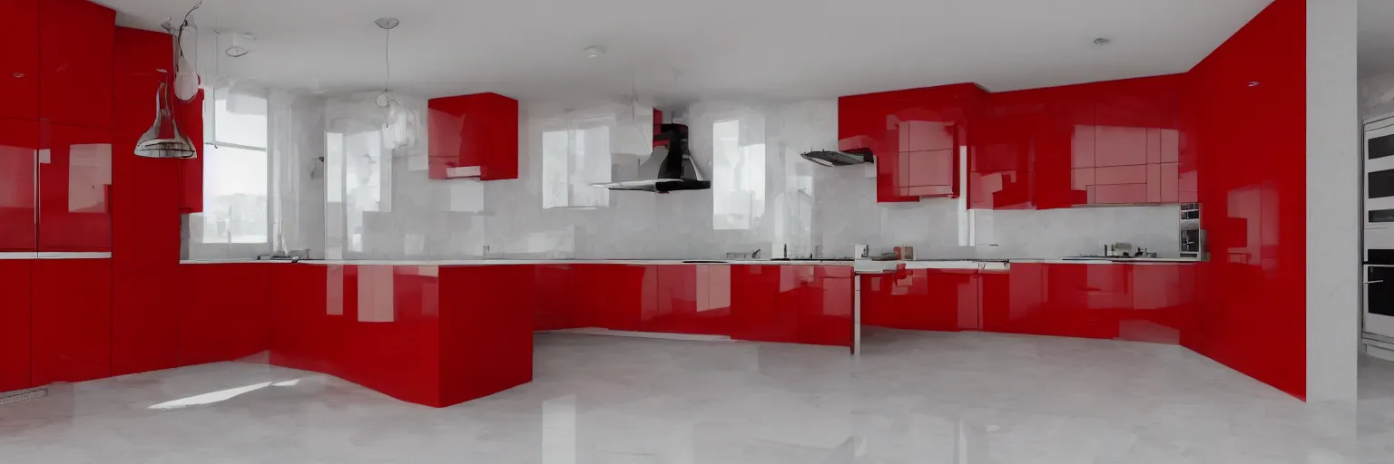 Prompt: photo of a black kitchen, red walls, white floortiles, architecture, concept art
