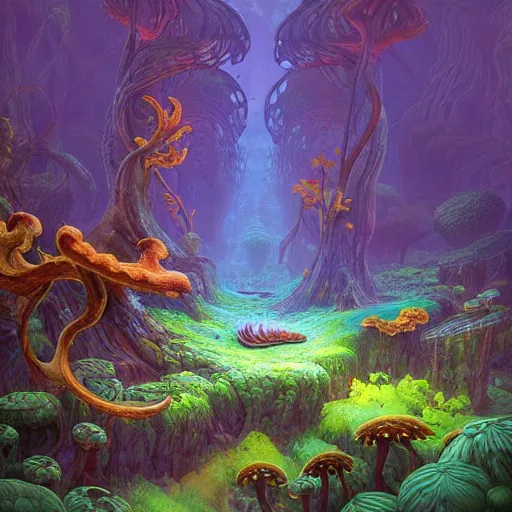 Prompt: “large intertwined chanterelle mushrooms in a magical forest by tyler edlin, acid wave colors, roger dean”