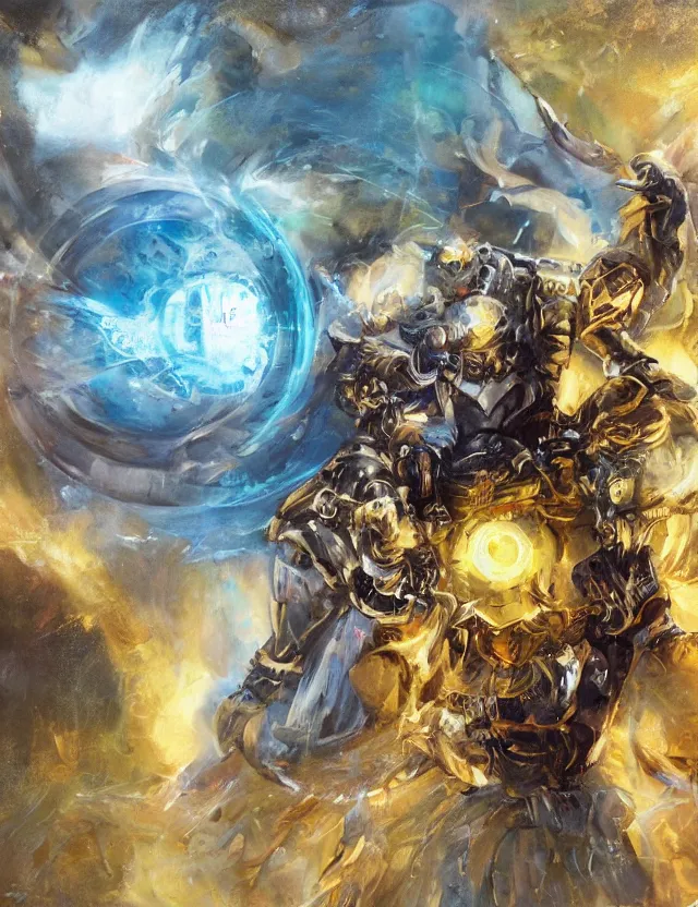 Prompt: full body, attack position abstract painting in lush fantasy environment of a ornate holy mechanical warforged with circular glowing eye, character in yellow armor holding a legendary paladin engraved holy great longsword and carrying a huge heavy paladin shield, face in focus, epic , trending on ArtStation, masterpiece, cinematic lighting, by Ross Tran, by Delphin Enjolras, by Ruan Jia, by Greg Rutkowski