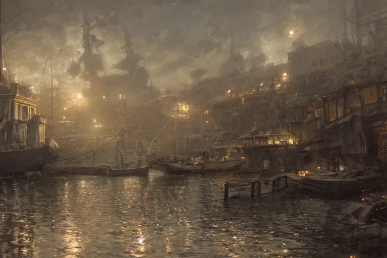 Image similar to The harbor docks on sicily , moody scene, highly detailed, intricate, sharp details, dystopian mood, 1950 scene by gaston bussiere, craig mullins, somber lighting, drawn by Giacomo Burattini, inspired by graphic novel cover art, hyperrealistic, 8k by RHADS