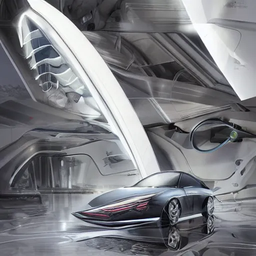 Image similar to sci-fi sport car f1 hatchback transport design zaha hadid organic smooth elastic forms 20% of canvas on the front; background wall structure on the coronation of napoleon painting 30% of canvas; by Jacques-Louis David, pinterest keyshot product render, cloudy plastic ceramic material shiny gloss water reflections, ultra high detail ultra realism, 4k