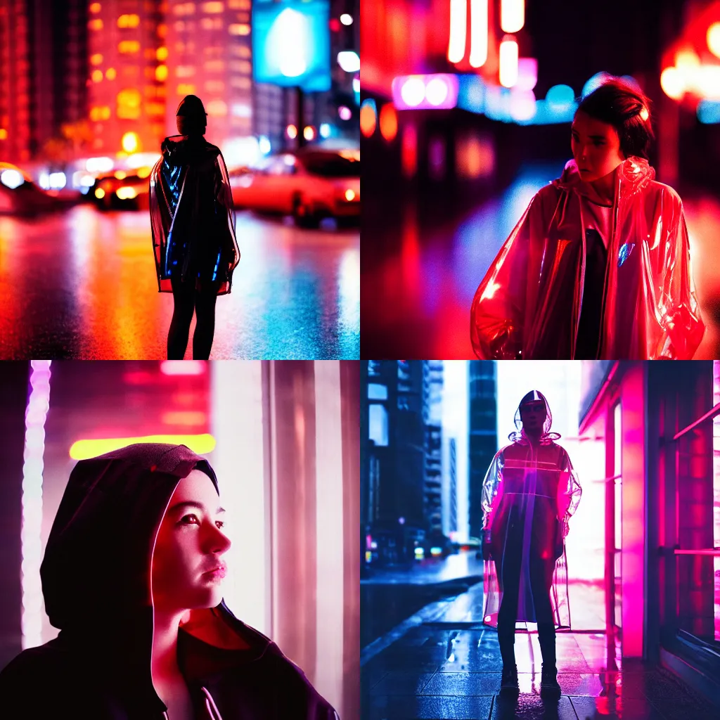 Prompt: A portrait photography of a woman wearing a futuristic transparent raincoat with hoodie on a rainy day. Neo noir style. Cyberpunk city. High quality. Cinematic. Extreme Swirly bokeh. Red neon lights and glow in the background. Cinestill 800T film. Depth of field. Lens flare. Detailed.