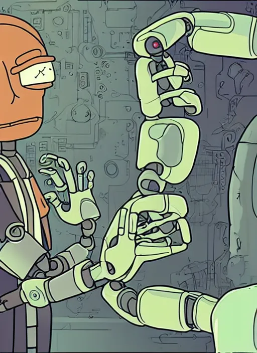 Image similar to an artificial intelligence in a robot short circuiting why studying how human hands look, rick and morty art style illustration, location is a robot factory