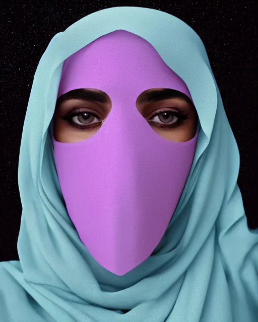 Image similar to Saudi woman wearing a niqab starring at the camera, neutral face, 4k, pastel colours, greek sculpture, by beeple, album cover, accurate