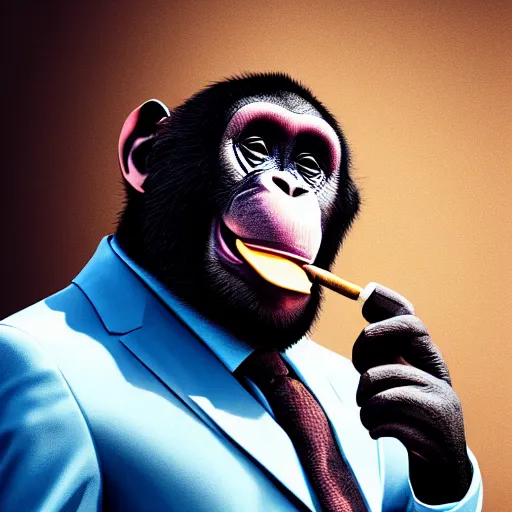 Image similar to a high detail photo of an antropomorphic chimp wearing a suit smoking a cigarrette, subject= chimp, subject detail: wearing a suit, subject action: smoking a cigar, photorealism, dramatic lighting, award winning photograph, trending on artstation