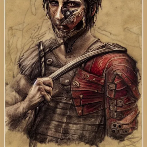 Image similar to self portrait, handsome man with battle scar on his chest holding his sword on his shoulder, pencil art, detailed, handsome, colored, bloody