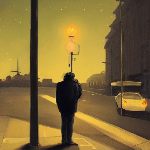 Image similar to a detailed portrait of a lonely man with a skull as his head waiting for the bus at night, green dramatic and cinematic light from the streetlight, the background is the sky full of stars, in the style of edward hopper, 4 k,