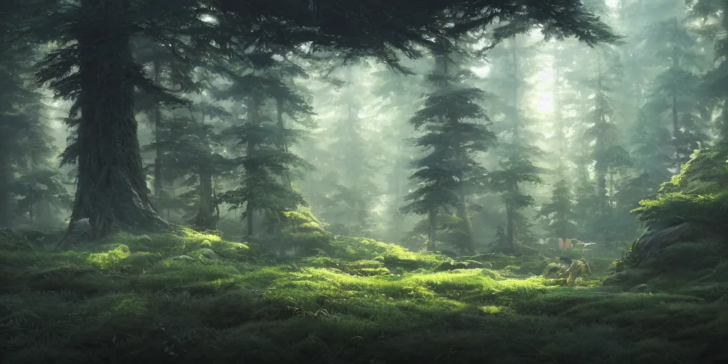 Image similar to a forest, highly detailed oil painting, Studio Ghibli, Jessica Rossier, digital art, octane render, gorgeous lighting, beautiful composition, trending on artstation, masterpiece