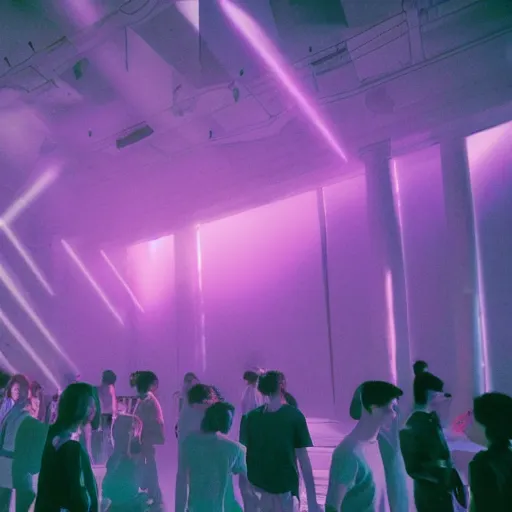 Image similar to vaporwave, people communicating with each other in groups of ten, a large hall, dim painterly lighting volumetric aquatics, party