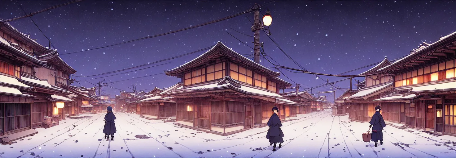 Image similar to empty rural japanese town at night, winter, in the style of studio ghibli, j. c. leyendecker, greg rutkowski, artem