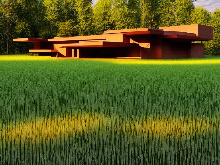 Image similar to hyperrealism design by frank lloyd wright and kenzo tange photography of beautiful detailed small house around the forest in small ukrainian village by taras shevchenko and wes anderson and caravaggio, wheat field behind the house, volumetric natural light